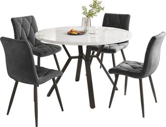 STILVORA Conjunto De Mesa Y Sillas Con 1 Mesa Redonda Y 4 Sillas De Comedor, Mdf Y Acero, Negro Y Gris