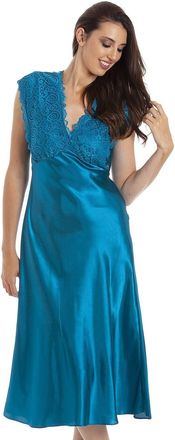Camille Womens Luxury Satin Long Chemise - Ladies Sleeveless Lightweight Lace Nightdress - Comfortable & Breathable Summer Nightwear Teal 10-12