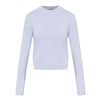 Jil Sander Round-neck Knitwear, female, Blue, Size: 2XL Wool Sweater with a Crew Neckline