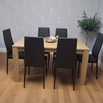 Kosy Koala Oak Effect Dining Table Set With 6 Black Faux Leather Chairs in Brown