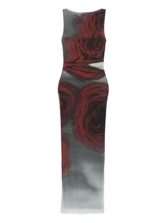 Jean Paul Gaultier Dark Red Blurry Roses Print Sleeveless Tulle Maxi Dress