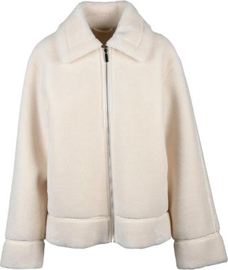Pennyblack Cream Plush Jacket With Zip Closure And Faux Leather Interior