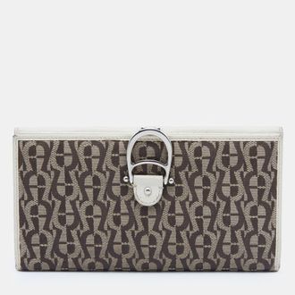 Aigner Off White/brown Leather And Signature Canvas Continental Wallet