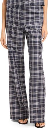Theory Fluid Plaid High Waist Straight Leg Silk Pants in Navy Multi at Nordstrom, Size X-Large