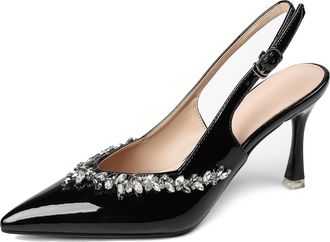 Generic Qynthra Womens Pointed Toe Slingback Stiletto Heels, Crystal-Embellished Patent Leather Dress Court Shoes Elegant Evening Shoes for Bridal Reception &