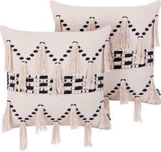 Beliani Conjunto De 2 Cojines Decorativos De Algod&oacute;n Beige 45 X 45 Cm Con Borlas Boho Retro Decoraci&oacute;n Accesorios Thondi