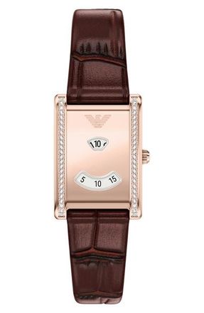 Emporio Armani Genni Embossed Leather Strap Tank Watch, 22mm x 32mm in Brown/rose Gold at Nordstrom