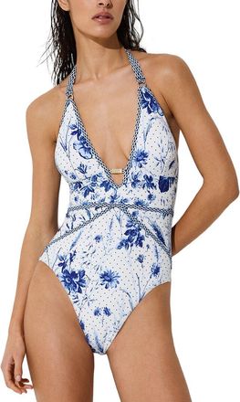 Reiss Lucia Floral Print Plunge Halter Neck Swimsuit