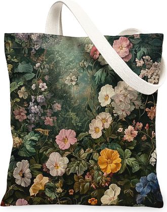 Generic Spring Aesthetic Geranium Canvas Tote Bag for Shopping 13x15, Vintage Flower Garden Reusable Grocery Print Bag for Women Men, Floral Wildflower Aesthe