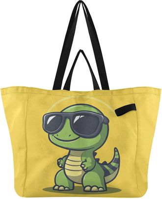 Generic Sunglasses Dinosaur Yellow print Reusable Canvas Tote Bag, Heavy Duty Grocery Shopping Bag with Double Handles Hard Bottom Large Capacity Work Groceri