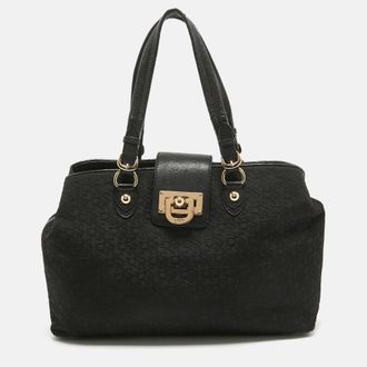 DKNY Dkny Black Monogram Canvas And Leather Flap Tote