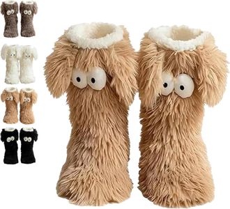 Generic Muffle Friends Cozy Socks, Womens Winter Fuzzy Non-Slip Slipper Socks with Cute Big Eyes, Ultra Soft Warm Home Socks (Coffee)