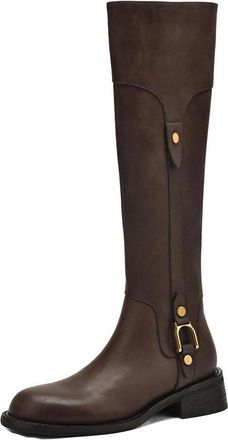 Generic Womens Cow Split Leather Round Toe Medium Heels Riding Boots Winter Shoes Zip Rivets Knee-High Boots