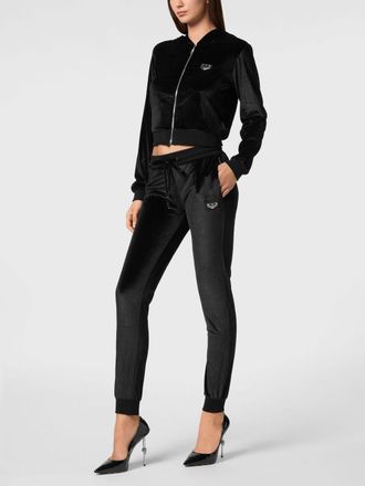 Philipp Plein Cropped Velvet Zip Hoodie with Skull Rhinestones
