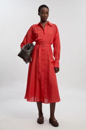 Karen Millen Womens Colour Block Fluid Tencel Woven Maxi Shirt Dress - Red Lyocell - Size 14 UK