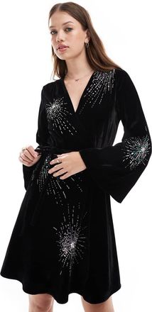 Hope & Ivy Vestito corto a portafoglio nero in velluto con decorazioni effetto fuochi dartificio