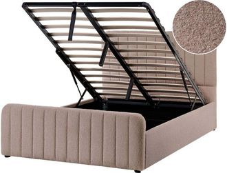 Beliani Ottoman Bed Taupe Boucle Upholstered EU Small Double Size With Headboard and Footboard Lift- Up Storage LUNAN
