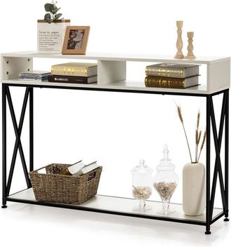 Costway Consola Con 2 Niveles, Mesita De Sof&aacute; Con Repisa Abierta Y Compartimientos, Con Pies Regulables, Dise&ntilde;o Antivuelco (blanco) - Costway