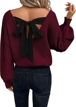 Generic Womens Fall Oversized V Neck Sweaters Back Bow Knot Long Sleeve Loose Fit Knit Pullover Casual Sexy Off The Shoulder Tops (Wine Red,M)