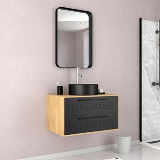 Aurlane Mobili da bagno in rovere naturale + lavabo nero opaco + specchio - uby 80 - 80x45x53cm