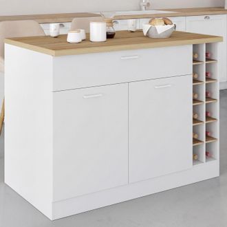 IDMarket George 120 Cm Isla Central Con Botellero, Armario Y Caj&oacute;n En Madera Blanca Con Encimera Efecto Haya