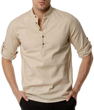 PARKLEES Mens Cotton Like Linen Henley Shirt Casual Breathable Long Sleeve Hippie Beach Shirts PPPA277-Light Khaki XXL