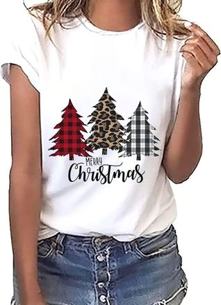 Generic Christmas T Shirts For Women UK Xmas Tree Print Tops Blouse Short Sleeve Casual Xmas Tees Shirts Letter Print Casual Pullover Tops Blouse Elegant Part