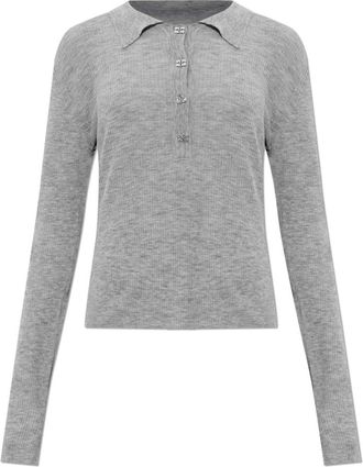 Ganni Fitted wollen polo - Dames - V-hals truien - Grijs - XS - Wol - Truien & Vesten