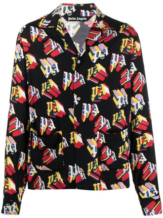 Palm Angels logo-print long-sleeved shirt - men - Polyester/Viscose - 46 - Black