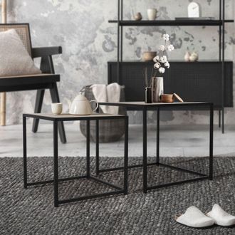 ML Design Ml-design - Set di 2 Tavolini da Caffè Soggiorno Quadrati Altezze Diverse 40x40x40 cm / 50x50x45 cm in Metallo Nero/Rovere Impilabili Design