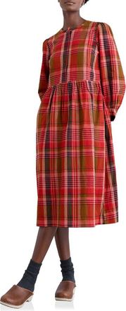 Seasalt Cornwall Trenkan Plaid Long Sleeve Organic Cotton Midi Dress in Spring Squall Squash at Nordstrom, Size 12 Us