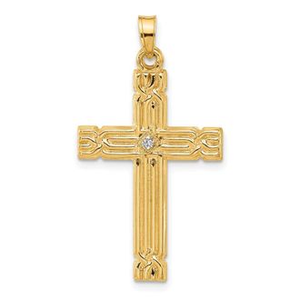 Diamond2Deal 14k Yellow Gold Polished and Grooved Hollow Diamond Cross Pendant