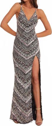 Primavera Crisscross Back Geometric Beaded Evening Dress In Black