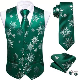 Barry.Wang Mens Christmas Suit Vest Green Silver Snowflake Waistcoat Tie Set Festival Party