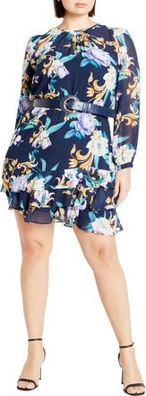 City Chic Lyra Violet Floral Belted Minidress in Blue Print at Nordstrom, Size Xxl