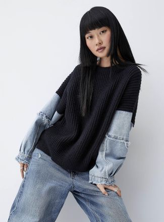 Twik Womens Denim sleeves two-tone knit sweater