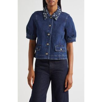 Cinq &agrave; Sept Ethel Petal Collar Short Sleeve Denim Jacket in Oceane at Nordstrom Rack, Size X-Small
