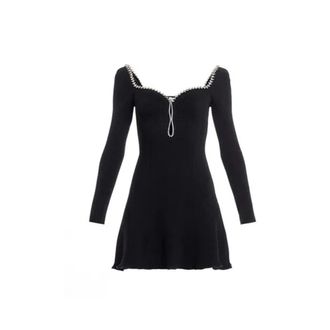 Self Portrait Kleedjes, Dames, Zwart, L, Gebreide Mini Jurk met Diamanten