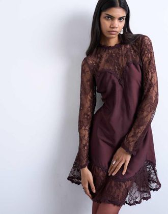 Topshop Vestito corto in pizzo con orlo vaporoso color port royale-Rosso