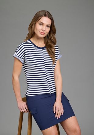 Kangaroos T-Shirt KANGAROOS, Damen, Gr. 32/34, marine, wei&szlig;, Single Jersey, Obermaterial: 47% Polyester, 47% Viskose, 6% Elasthan, figurumspielend h&uuml;ftlang, Run