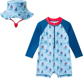 Andy & Evan Long Sleeve One-Piece Swimsuit & Sun Hat in Navy at Nordstrom, Size 18-24M