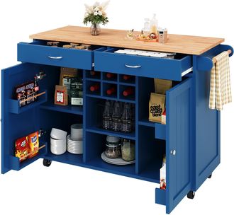 STILVORA Carro De Cocina Con Estantes Ajustables, Botellero Y Ruedas Con Freno, En Mdf Y Metal, Azul, 102x45x92 Cm