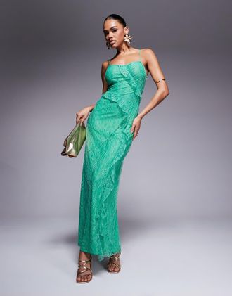 Forever New Vestito lungo in pizzo color verde acceso con volant