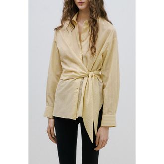 Mango Stripe Tie Waist Cotton Blend Button-Up Shirt in Pastel Yellow at Nordstrom, Size 10