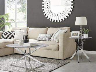 Furniturebox Novara Round Marble Effect Glass Top Coffee Table With Silver Metal Starburst Legs in White