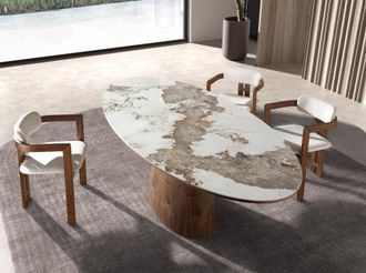 Angel Cerd&aacute; Mesa comedor ovalada m&aacute;rmol porcel&aacute;nico y nogal