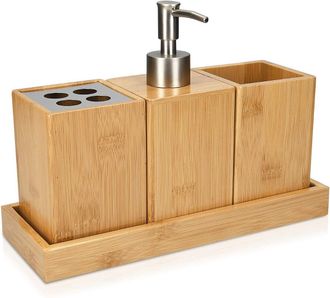 OEM Juego De Accesorios De Ba&ntilde;o - 4 Accesorios De Ba&ntilde;o De Bamb&uacute; - Soporte Para Cepillo De Dientes - Dispensador De Jab&oacute;n - Vaso - Soporte