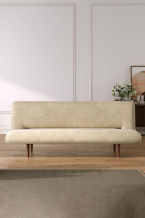 Living and Home 3 Seater Upholstered Sofa Bed with Wood Legs in Khaki