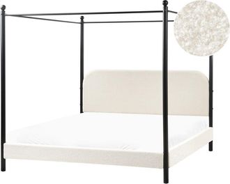 Beliani Beliani - Retro Minimalist eu Super King Size Canopy Bed Black Metal Frame Slats Poplar Wood Boucle Upholstery White Dannemois