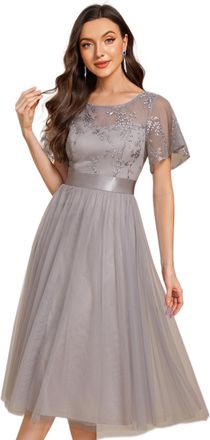 Ever-pretty Women Dress Midi Bridesmaid Dress Lace and Tulle Embroidery See-Through Short Sleeve with Round Neck and High Waist Grey 12UK